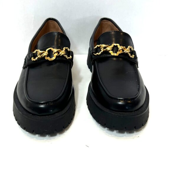 Sam & Libby Rylan Black Lug Sole Loafers Gold Buckle Detail Size 9 Womens Shoes - Picture 1 of 12